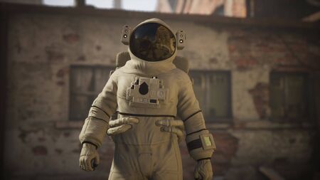 Lost Astronaut near Abandoned Industrial Buildings of Old Factory