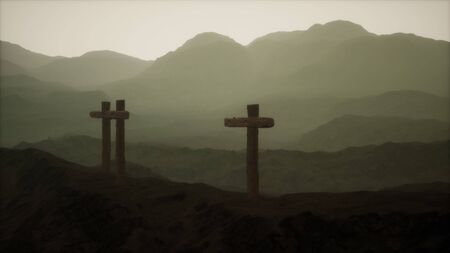 wooden Crucifix cross at mountainの写真素材