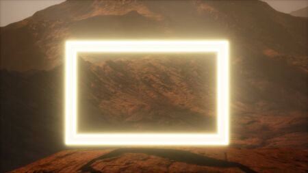 Neon Portal on Mars Planet Surface With Dust Blowingの写真素材