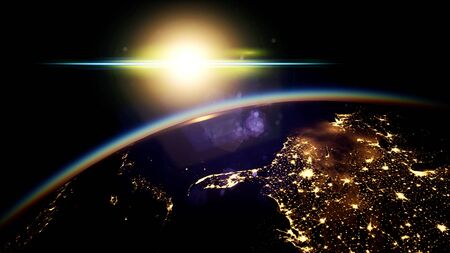 Space, Sun and planet Earth at Nightの写真素材