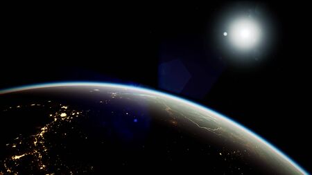 Space, Sun and planet Earth at Night