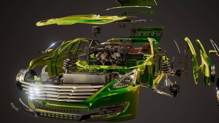 disassembled car with visible parts and engine