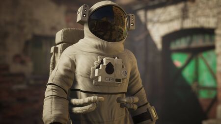 Lost Astronaut near Abandoned Industrial Buildings of Old Factory