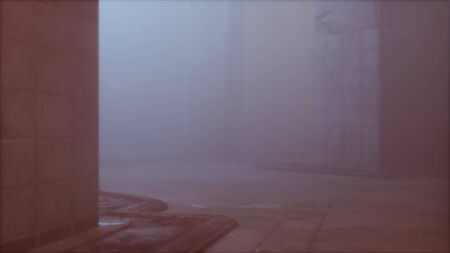 neon lights in soft focus on street with fog at nightの写真素材