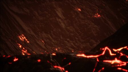 Red Orange vibrant Molten Lava flowing onto grey lavafield and glossy rocky landの写真素材