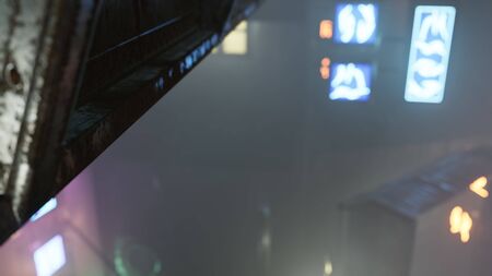 neon lights in soft focus on street with fog at nightの写真素材