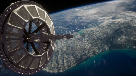 futuristic Space satellite orbiting the earth.の写真素材