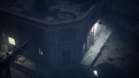 Aerial view. Old factory. City with air atmosphere pollution at night
