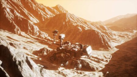 Curiosity Mars Rover exploring the surface of red planet.