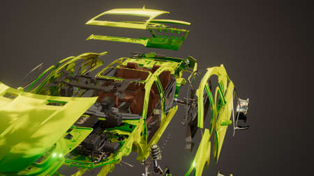 disassembled car with visible parts and engineの写真素材