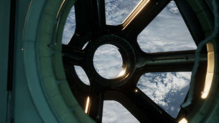 Cockpit view from International Space Station operating nearby of planet Earth.