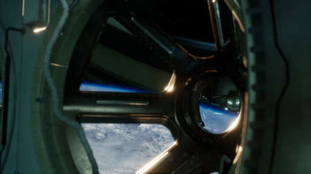 Cockpit view from International Space Station operating nearby of planet Earth.