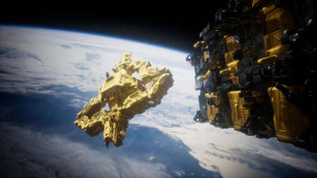 flying an animated space station. 3d rendering.の写真素材