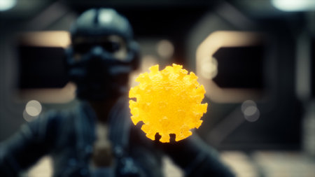 woman in protective medical mask on her face looking at COVID-19 coronavirus