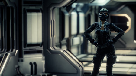 Steampunk woman in futuristic space shipの写真素材