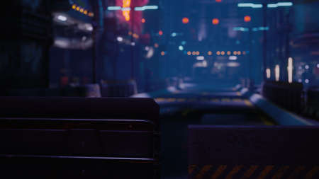 futuristic street with neon glow at nightの写真素材