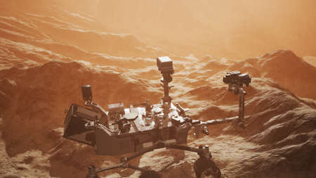 Curiosity Mars Rover exploring the surface of red planet. E