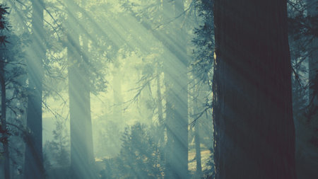 black tree trunk in a dark pine tree forestの写真素材