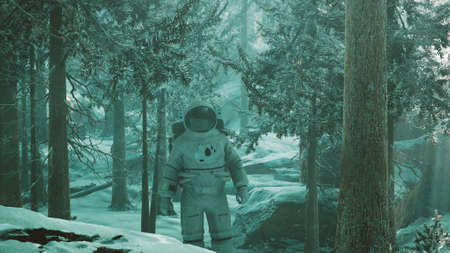 Astronaut exploring forest in snowの写真素材