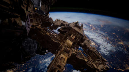 highly detailed huge spaceship approaching to the Earth.