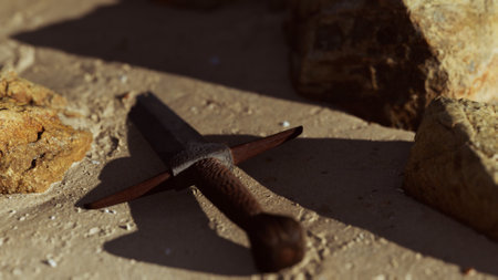 retro sword on sand beachの写真素材