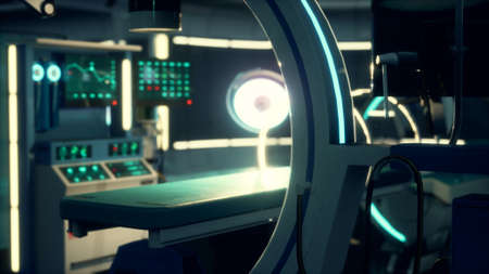 futuristic sci fi MRI Scanner medical equipments in hospital