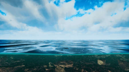 underwater view with horizon and water surface split by waterline
