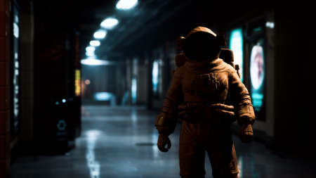 Astronaut at underground metro subwayの写真素材