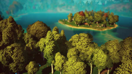Cartoon Green Forest Landscape with Trees and Lake