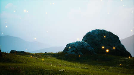 big stones in grass fieldの写真素材