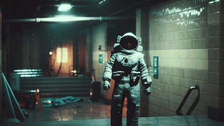 Astronaut at underground metro subwayの写真素材