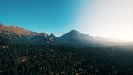 Aerial view over mountain range with pine forest in Bavaria