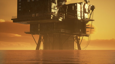 old oil platform during sunset in oceanの写真素材