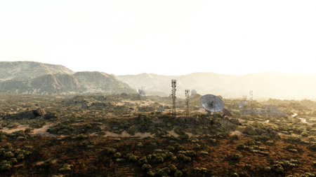 A satellite dish and communication towers in an arid, mountainous landscapeの写真素材