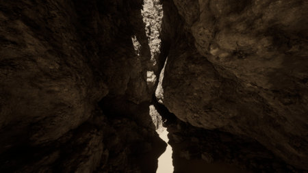 A narrow passage between two large rocks in a cave