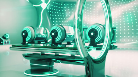 A futuristic room with mirrors and lights on the wallの写真素材