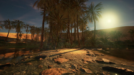 A computer generated image of a river surrounded by palm trees