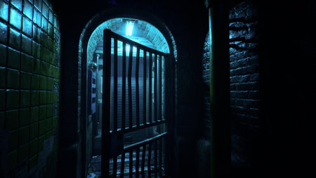 metal gate and neon lights at night