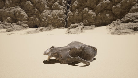 A hauntingly beautiful animal skull resting on a sandy desert beachの写真素材