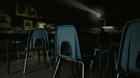 A row of blue chairs in a school class laboratory