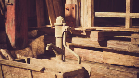 A vintage water pump is positioned beside weathered wooden structures, showcasing the charm of rural life in a serene outdoor environment during daylight.の写真素材