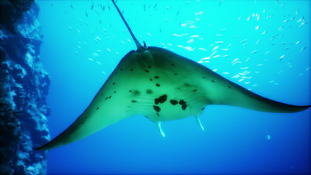 A manta ray swims smoothly in clear blue ocean waters, surrounded by shimmering fish and vibrant...