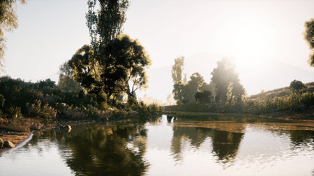 A peaceful early morning by the lake reflects the soft light of dawn, with trees lining the shore and gentle ripples on the water creating a calming atmosphere.の写真素材