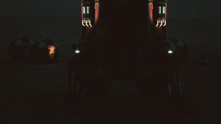 A Mars colony base stands prominently against the dark landscape, illuminated by lights from nearby...
