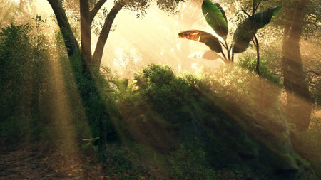 Bright rays of sunlight stream through the canopy of trees, illuminating vibrant green foliage and...