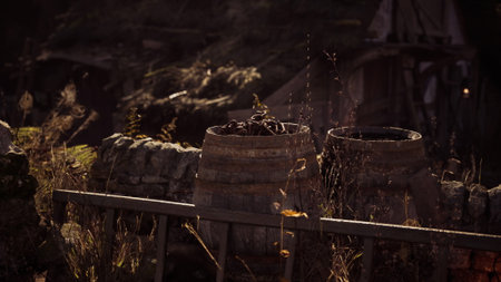 Two weathered wooden barrels are positioned in a sunlit garden. Tall grass sways gently in the...