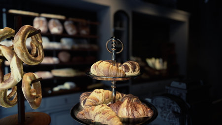 A modern cafe interior showcasing a table topped with two trays of delectable pastries.の写真素材
