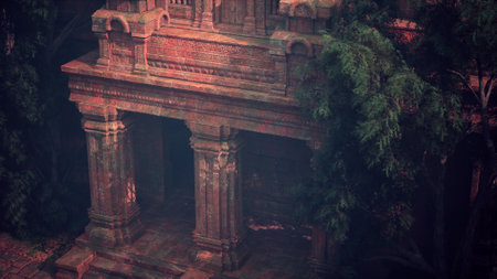 The ancient Inca temple stands partly hidden by the dense jungle, bathed in the soft glow of the...