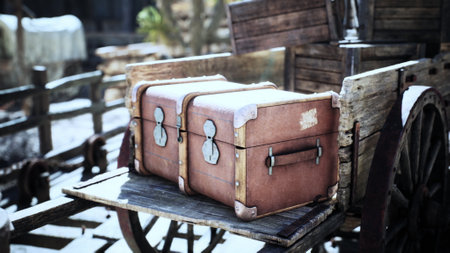 Two sturdy vintage trunks are resting on a wooden cart in a rustic outdoor setting, capturing a...
