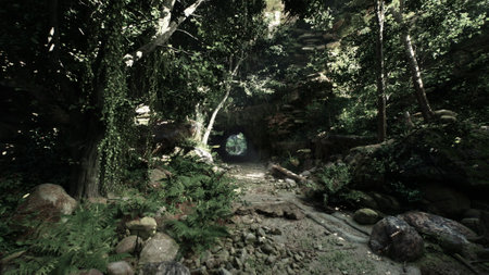 A tunnel surrounded by abundant trees in a lush forest in New Zealand.の写真素材